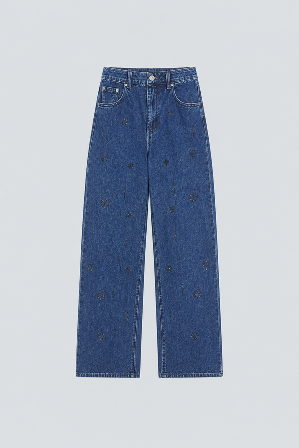 RAVEL Jean droit d&eacute;tails strass noirs Bleu jeans Suncoo