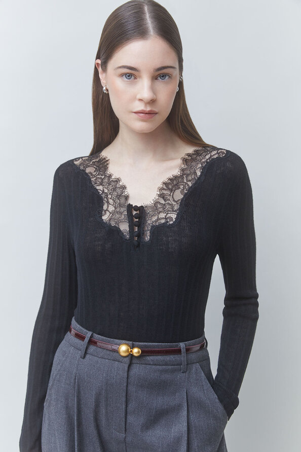 PHILDRI Pull fin d&eacute;tail encolure en dentelle Noir Suncoo