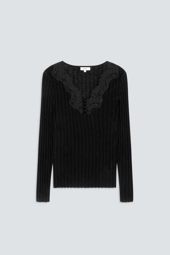 PHILDRI Pull fin d&eacute;tail encolure en dentelle Noir Suncoo