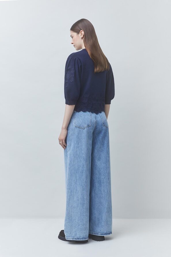 PARVI Pull court d&eacute;tail maille ajour&eacute;e Bleu nuit Suncoo